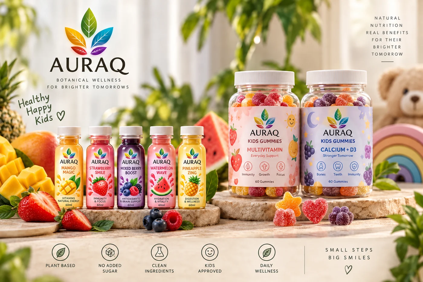 AURAQ Kids gummies and mini shots advertisement
