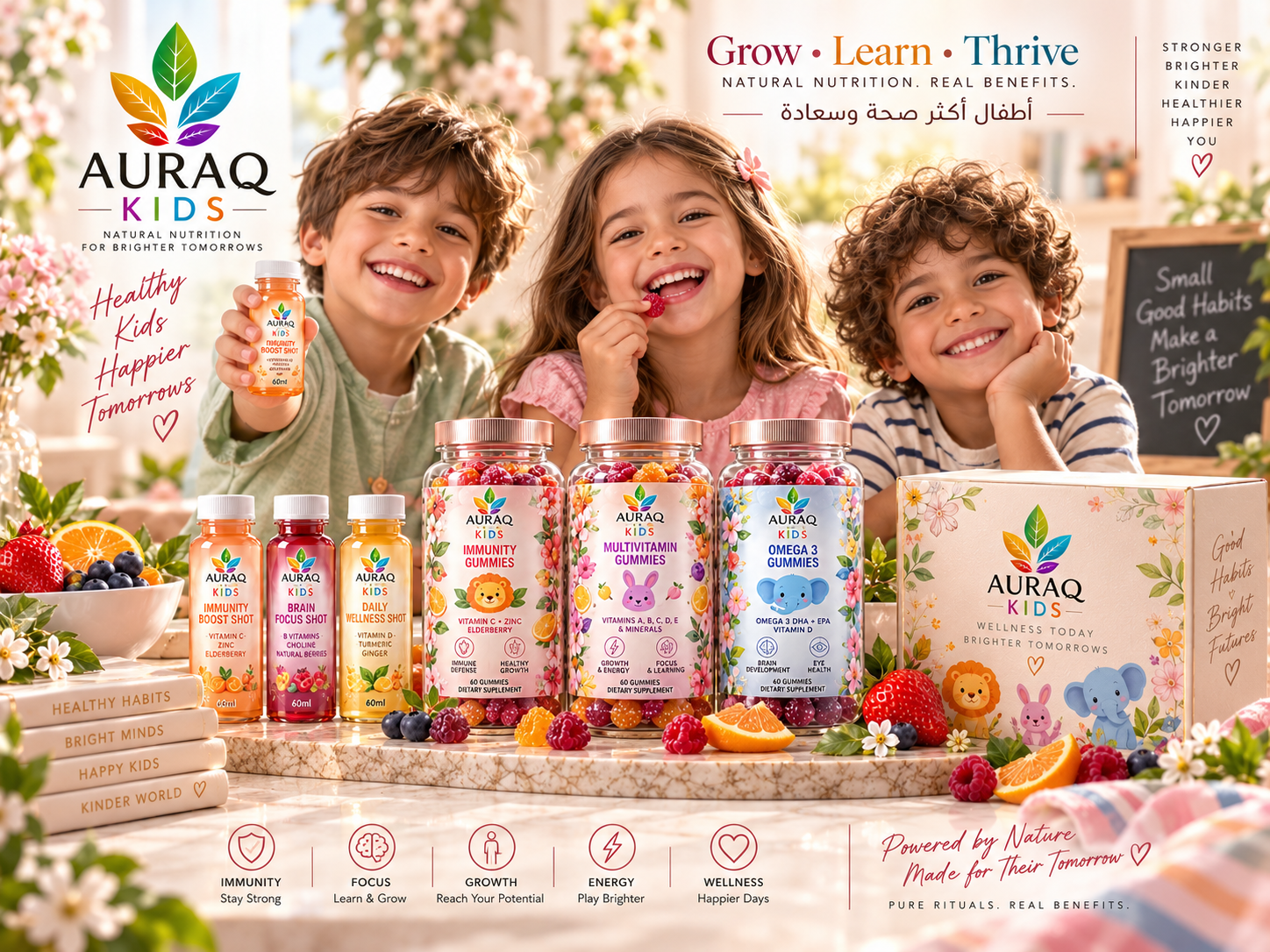 Healthy happy kids enjoying AURAQ Kids products