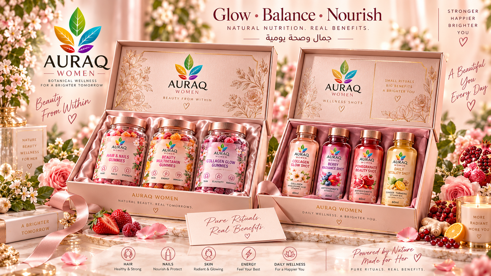 AURAQ Women luxury wellness shots and gummies gift sets